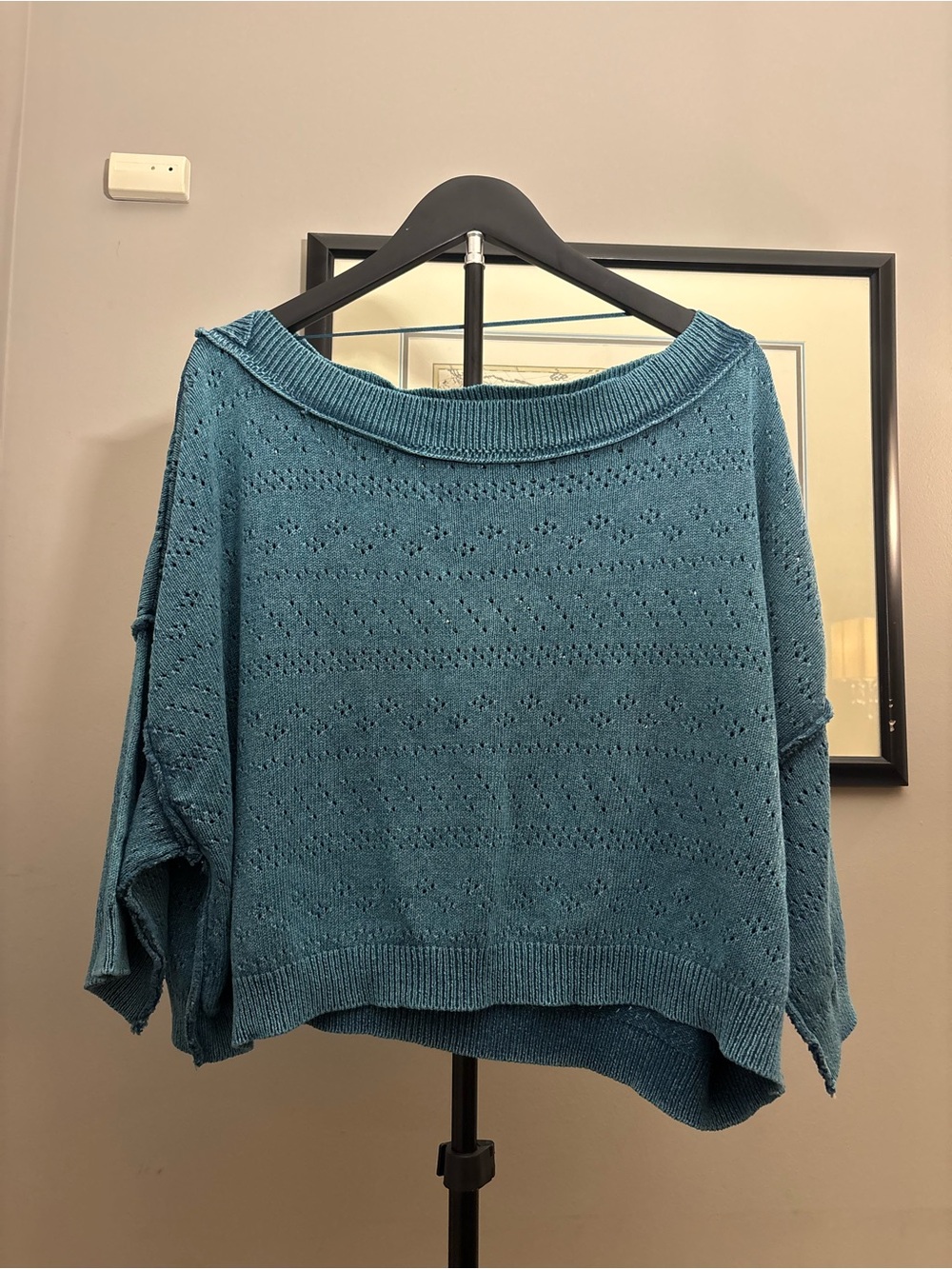 Free People Sistine Hacci Cold Shoulder Eyelet Knit Top Teal Small S